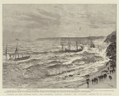 Wrecks on the Cornish Coast, the Steamers Cintra, Bessie, and Vulture Ashore in St Ives Bay by Joseph Nash
